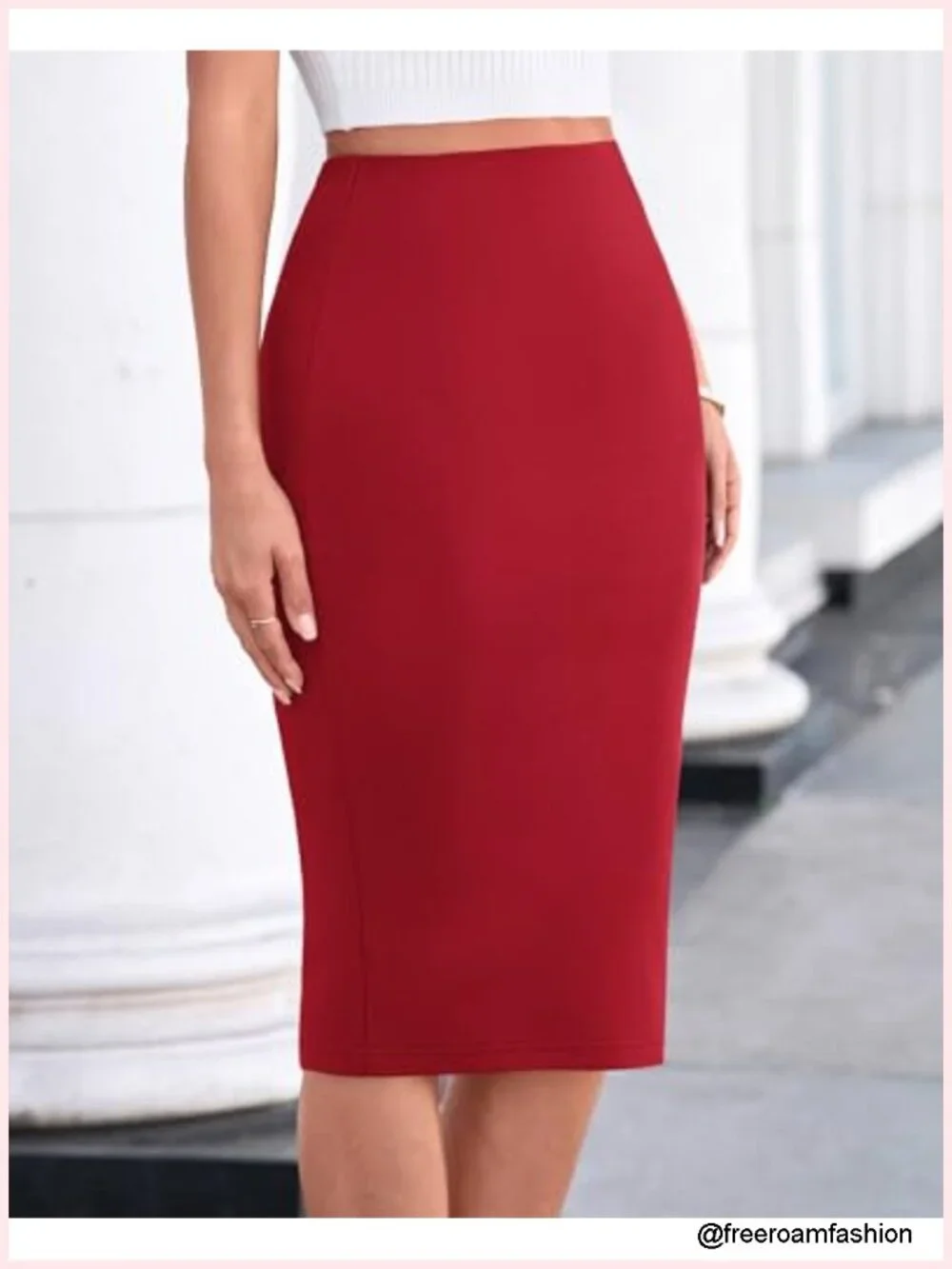 High Waist Pencil Skirt with Back Slit Midi Length Stretch Business Casual